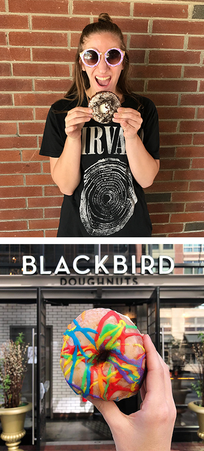 Katie Piscopio of @eatsbykatie posing with her favorite Boston donuts